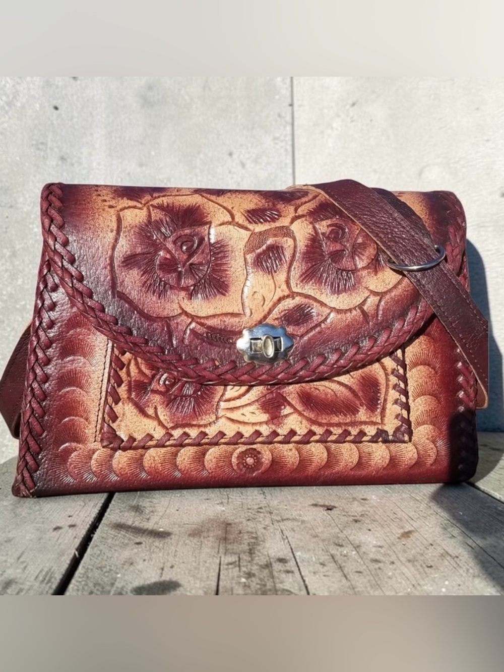 Vintage Mexican Hand Tooled Leather Bag Boho Western Folk Art Handbag